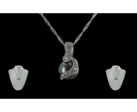 Ladies Silver &amp; CZ and Cultured Black Pearl Pendant Drop, Attached to a 14ct White Gold Fancy Chain, Marked 14ct. 