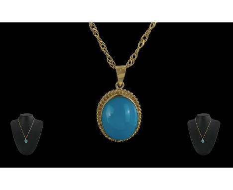 18ct Gold Oval Shaped Turquoise Set Pendant Drop - Marked 18ct With Later Attached 9ct Gold Double Link Chain. The Cabochon C