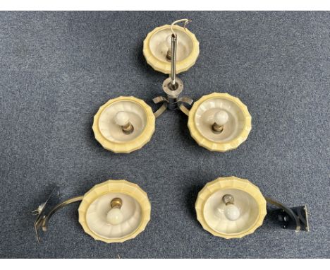 Vintage Central Light Fitting with Matching Wall Lights, central light with three cream shades and chrome fittings, with matc