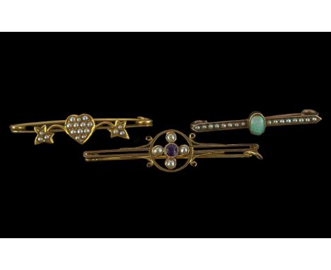 Ladies Antique Period Trio of 15ct &amp; 9ct Gem Set Small Brooches. Comprises 1/ Petite 15ct Gold Seed Pearl Set Brooch. 2/ 