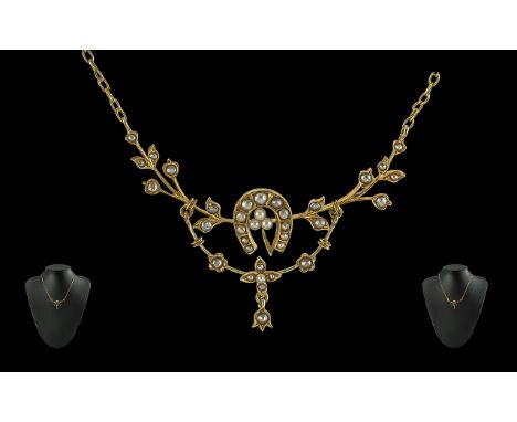 Victorian Period - Ladies Exquisite 15ct Gold Seed Pearl Set Ornate Necklace, Marked 625 - 15ct, The centre of necklace with 