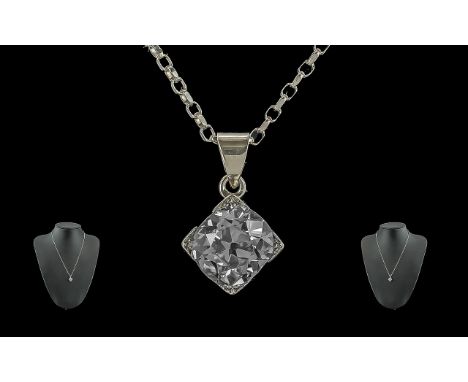 Antique Period - Superb Quality Stunning Platinum Single Stone Diamond Set Pendant, attached to a later 18ct white gold chain