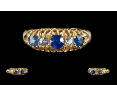 Edwardian Period Ladies 18ct Gold 5 Stone Diamond And Sapphire Set Ring - Gallery Setting. Full Hallmark For Chester 1912. Sa