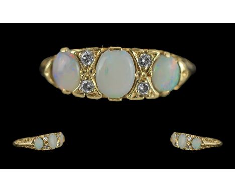 Antique Period Attractive 18ct Gold Opal and Diamond Set Ring. Ornate Raised Setting, Marked 18ct to Interior of Shank. The O