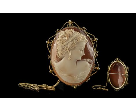 Antique Period Large And Impressive 9ct Gold Ornate Open-Worked Mounted Shell Cameo Set Brooch With Long 9ct Gold Safety Chai