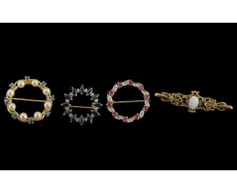 A Small Collection of Antique Period Brooches ( 4 ) In Total. Set with Diamonds, Rubies, Sapphires, Pearls and Opal. All Mark