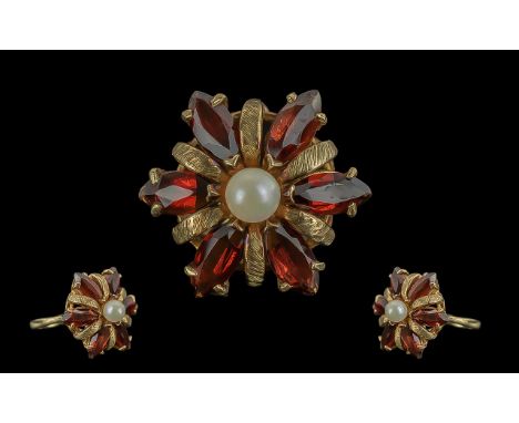 Ladies Large and Impressive 9ct Gold Garnet &amp; Pearl Set Cluster Ring, full hallmark to shank.  The boat shaped garnet of 