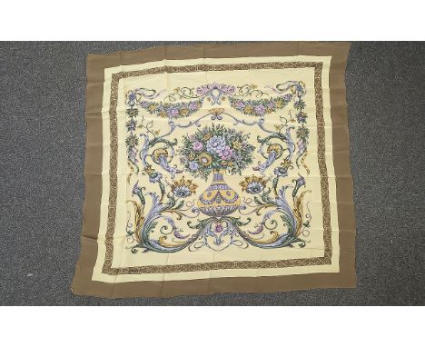 Lancelot 42'' Vintage Scarf, light brown border with gold background, overall design.  Signed in corner.