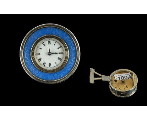 Edwardian Period Walker and Hall - Heavy Small Silver and Blue Enamel Round Travelling Key-wind Clock with Back Splat. Hallma