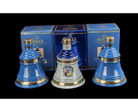 Three Bottles of Bells Old Scotch Whisky Decanters, Golden Wedding of the Queen  Prince Philip, full contents, 8 years old, i