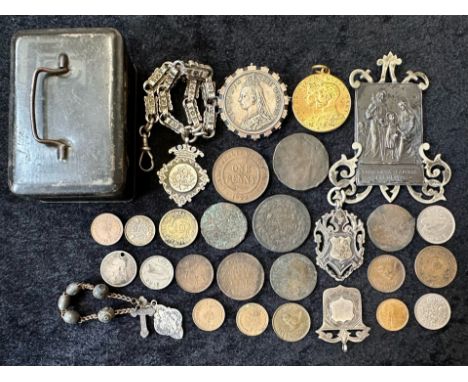 Small Collection of Coins &amp; Collectibles, including a Queen Victoria silver coin dated 1887, a silver medallion, a plaque