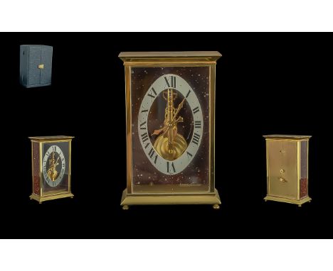 Jaeger-Lecoultre Mechanical Wind Gilt Metal Travellers Clock, Ref 538, with fitted case.  Not working.  Case, dial excellent 