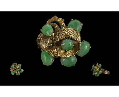 Ladies - Large / Impressive 14ct Gold Jade Stone Set Cluster Ring, With Naturalistic Setting, Marked 14ct to Interior of Shan