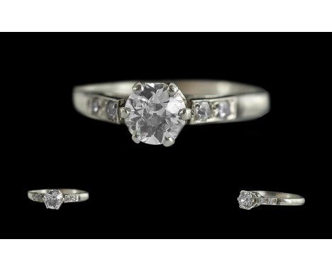 Antique period ladies 18ct white gold single stone diamond set ring. with diamond set shoulders. not marked but tests gold. t