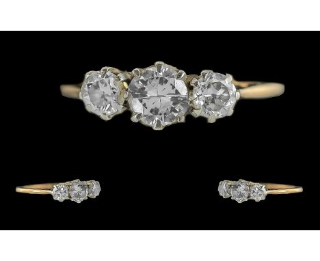 18ct Gold 3 Stone Diamond Set Ring, marked 18ct to interior of shank.  The three old European cut diamonds of good colour and