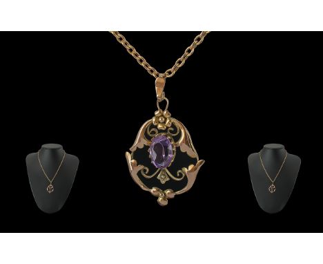 Edwardian Period 1901 - 1910 Ladies Amethyst Set Pendant, Open work Design with Attached 9ct Gold Chain. The Faceted Amethyst