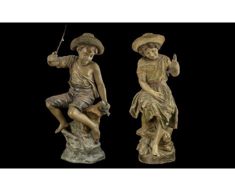 Goldscheider Friedrich Signed Fine Pair of Terracotta ( polychrome ) Large Figures -  comprises 1/ figure of young boy fishin