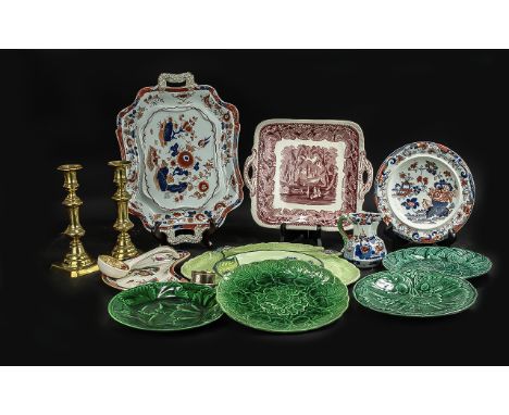 Collection of Porcelain &amp; Pottery comprising an Ironstone Tureen stand in Imari pattern, a Mason's plate, jug and bowl, a