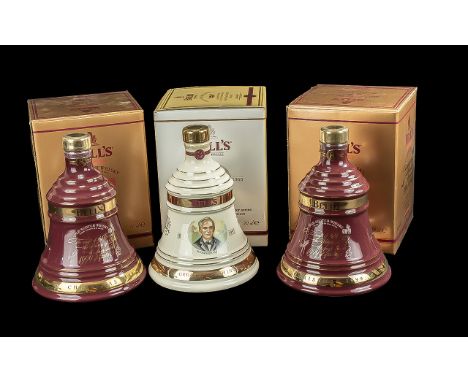 Three Bottles of Bells Old Scotch Whisky Christmas Decanters,  full contents, 8 years old, in original boxes. Dates 2 x 1999 