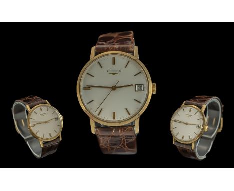 Longines - pleasing gents 9ct gold cased manual wind wrist watch, with original leather watch strap, signed Longines to buckl