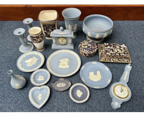 Collection of Wedgwood, including 'Blue Jasper' ware bowl, vase, pair of candlesticks, mantle clock, barometer, wall plates, 