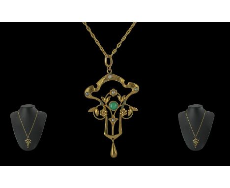 Art Nouveau Stylish 9ct Gold Open Worked Pendant Set with Turquoise and Seed Pearls with 9ct Gold Chain. Marked 9ct. Gold Wei