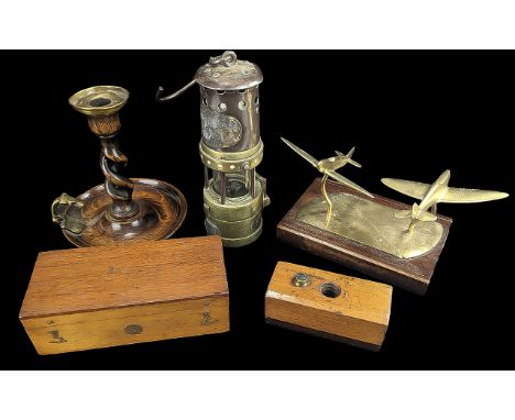 Box of Collectibles, including a brass desk aeroplane, small brass oil lamp No. 46, wooden twist candlestick, boxed microscop