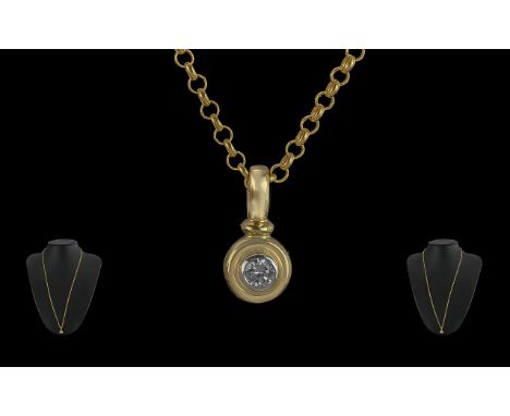 18ct Gold Single Stone Diamond Set Pendant - Attached To A Long 9ct Gold Belcher Chain. With full Hallmark. The Pave Brillian