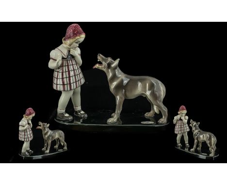 Goldscheider 1930's Art Deco Hand Painted Figure Of a Young Girl With Dog - c.1930's. signed to base with Goldscheider stamp 