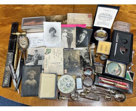 A Collection of Assorted Items to include compacts, odd postcards and photograph, Common prayer book, silver plated ware, pen