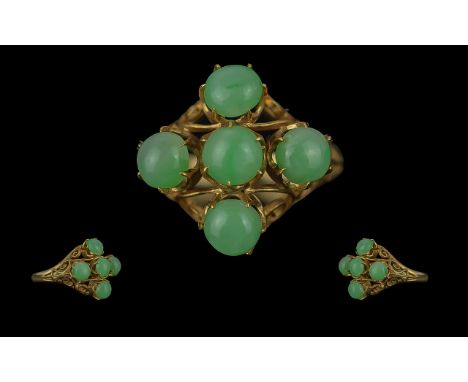 Ladies - Pleasing Quality 18ct Gold Jade Stone Set Ring, Ornate Open Worked Setting, Marked 18ct to Interior of Shank. The Fo