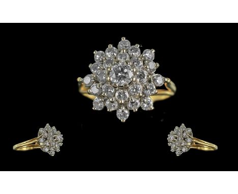 18ct Gold Attractive Diamond Set Cluster Ring. Marked 18ct to Interior of Shank. The Well Matched Diamonds of Good Colour / C