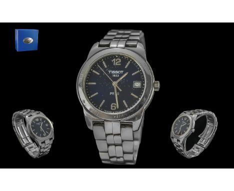 Tissot 1853 PR50 Gents Stainless Steel Wrist Watch, Features black dial, silver markers, just-date display window, sapphire c