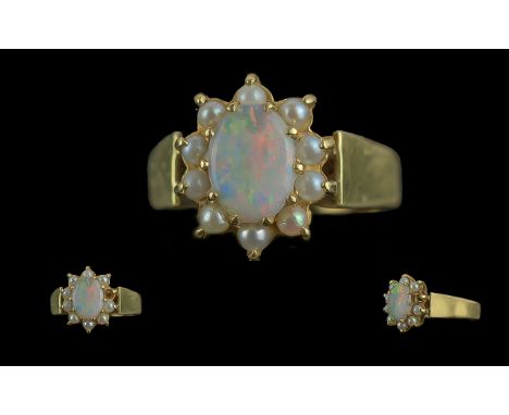 Antique Period Ladies 18ct Gold Opal and Pearl Set Ring. Full Hallmark to Interior of Shank. The Central Oval Shaped Opal of 