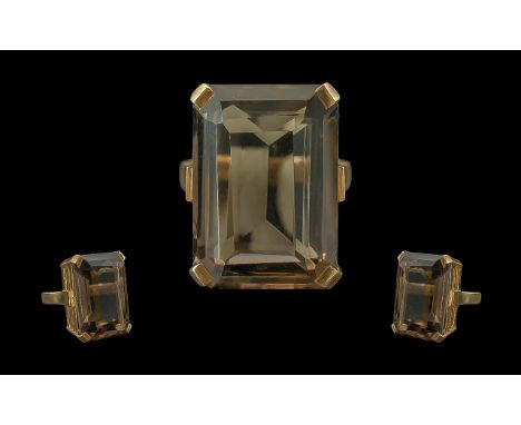 Ladies - Large and Impressive 9ct Gold Smoky Topaz Set Single Stone Statement Ring. Excellent Well Made and Solid Shank. Full