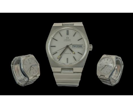 Omega - Geneve Gents Stainless Steel ( Brushed ) Automatic Wrist Watch. c.1972. Features Day/Date Display Window, Cushion Sha