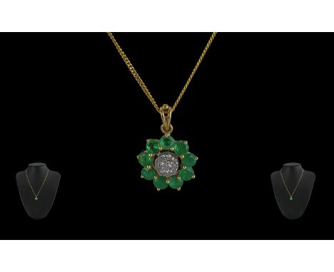 Ladies Pleasing 14ct Gold Emerald and Diamond Cluster Pendant - With An attached 9ct Gold Chain. Chain Marked 9ct (375) The e