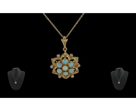 Edwardian Period 1901- 1910 pleasing 9ct gold opals and seed pearls set pendant / brooch, excellent design / setting, with at
