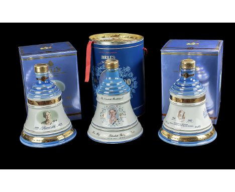 Three Bottles of Bells Old Scotch Whisky Royal Decanters,  full contents, 8 years old, in original boxes. Celebrating 90th Bi