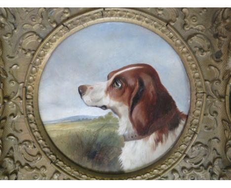 COLIN GRAEME ROE (1855-1910). Circular dog portrait landscape beyond, signed and dated 1890 verso, oil on board, framed, Dia.