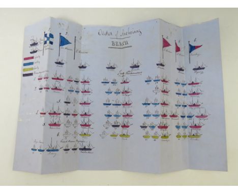 CRIMEA WAR INTEREST - AN ORIGINAL HAND DRAWN AND COLOURED ORDER OF ANCHORING ON THE BEACH, colour coded for Infantry, Artille