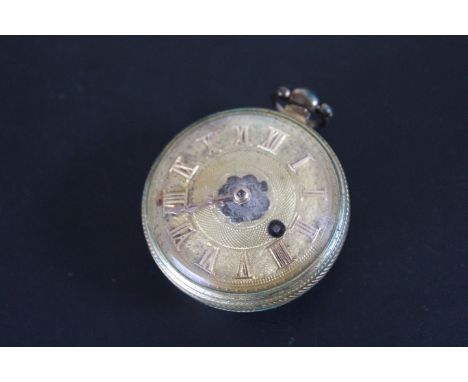 AN OPEN FACED VERGE POCKET WATCH BY JOHN E CORALL? OF WARWICK, having gold effect multi textured dial and rose gold style Rom