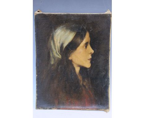 (XIX-XX). Head and shoulder portrait study of a young woman, unsigned, oil on canvas, unframed, 27 x 21 cm 