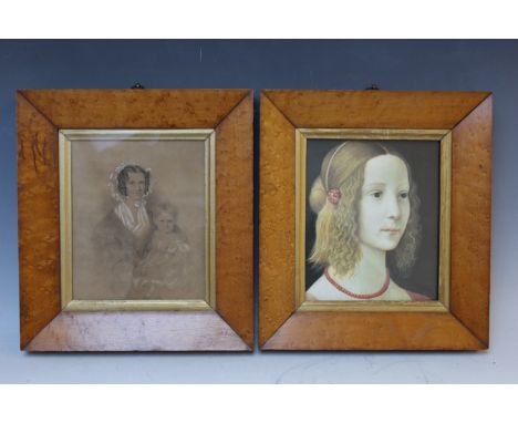 (XIX). Portrait study of a seated woman and child, unsigned, pencil heightened with white framed in a maple frame and glazed,