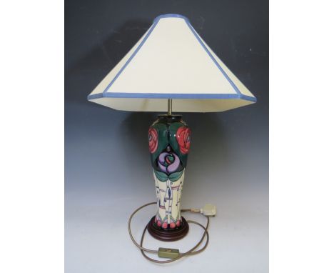 A TALL MODERN MOORCROFT POTTERY "TRIBUTE TO CHARLES RENNIE MACKINTOSH" PATTERN TABLE LAMP AND SHADE, designed by Rachael Bish