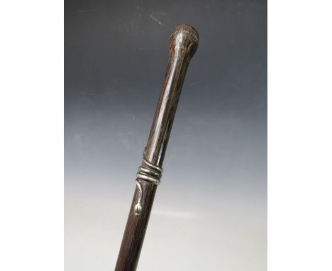 A 19TH CENTURY PALMWOOD WALKING STICK, with applied white metal snake, overall L 89 cm