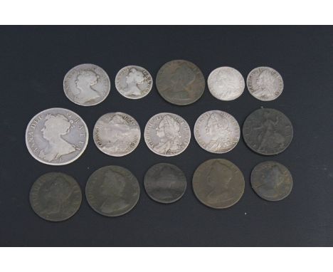 QUEEN ANNE - GEORGE II, half crown 1707E, shillings 1730 vigo, 1745 uma, 1758, 174? (roses) and sixpences 1707, 1746 lima and
