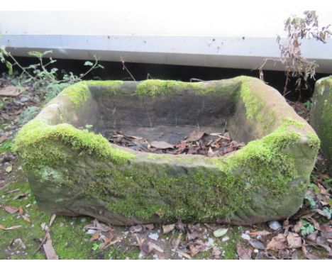 A SMALL ANTIQUE RECTANGULAR SANDSTONE TROUGH, 55 x 39 cm, A/F
