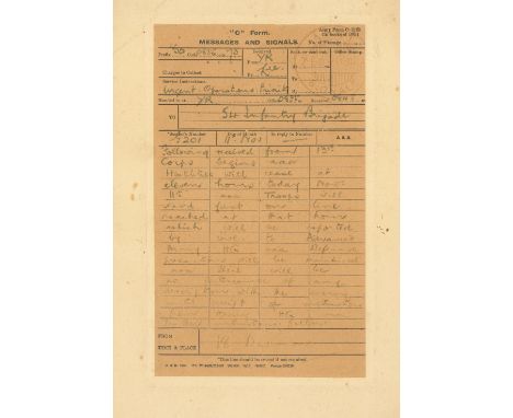 WW1 18th Division, 54th Infantry Brigade Original 11th November 1918 Cease Hostilities Message Form.A rare example of the “C”