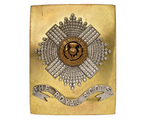 Scottish. Royal Scots Officer’s shoulder belt plate. A good post war example. Bright gilt rectangular plate mounted with silv